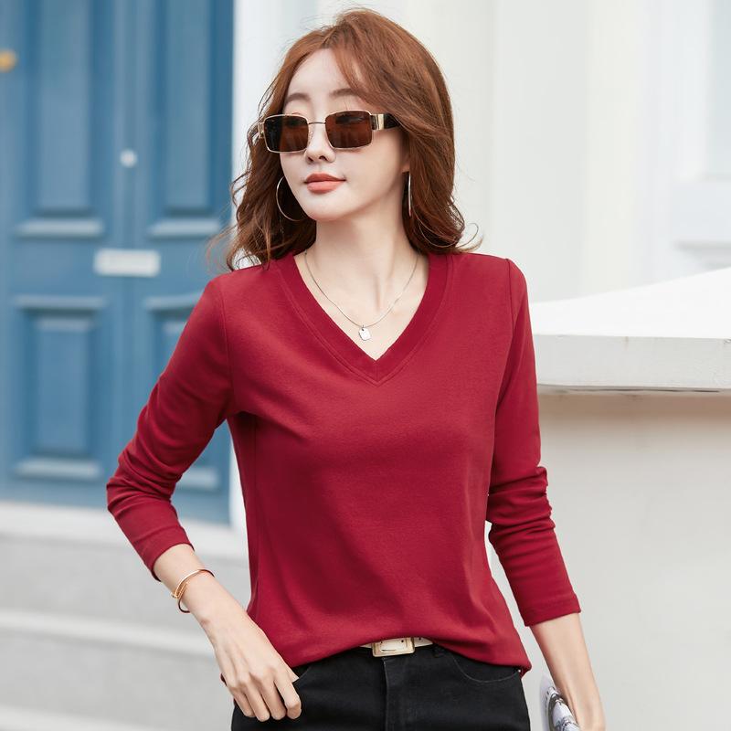 

Женская облегающая футболка с V-образным вырезом и длинным рукавом, однотонный топ для повседневных рубашек на весну и осень 2XL
