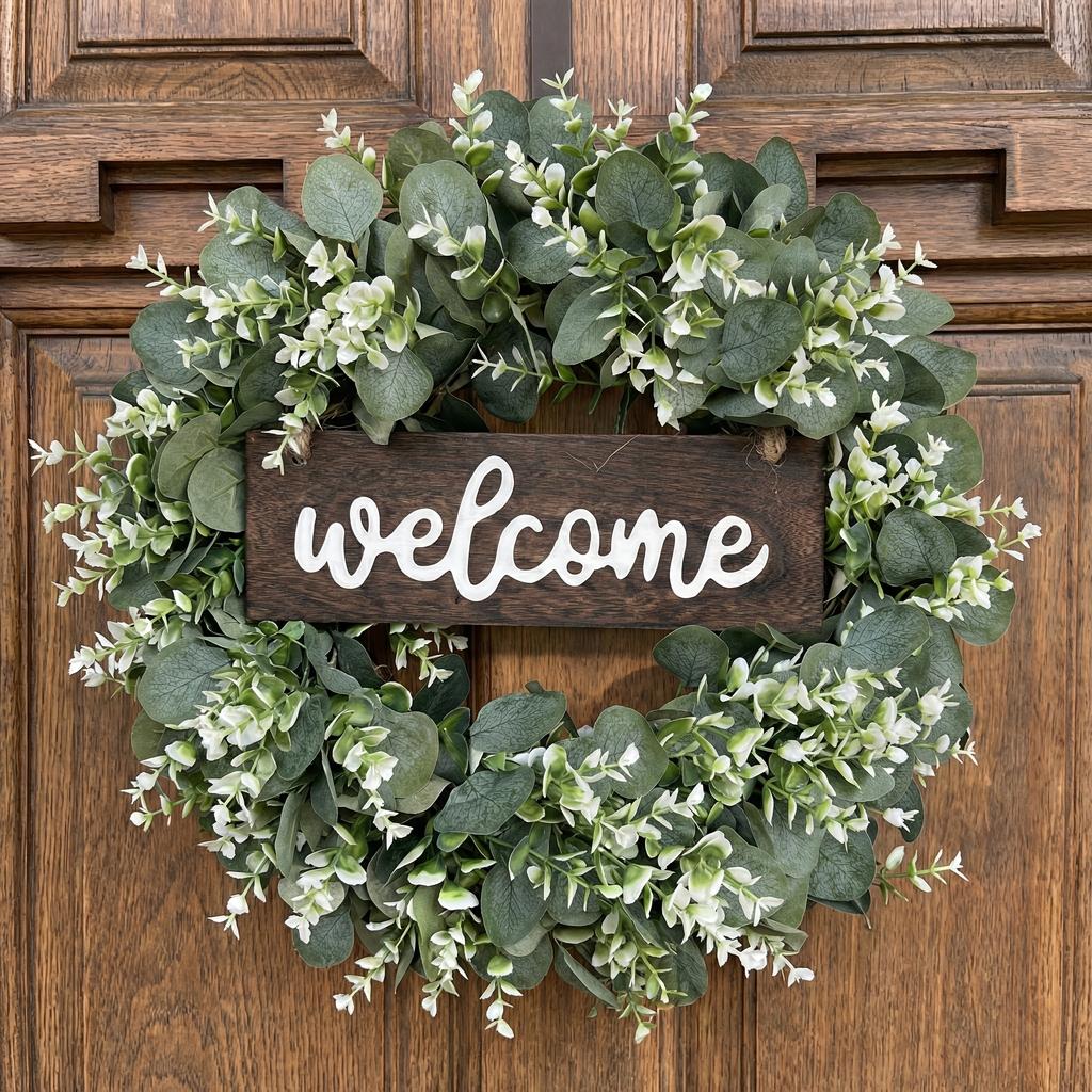 17.7in Green Eucalyptus Leaf Wreath with Welcome Sign | Artificial Spring Summer Wreath for Front Door, Wall, Window