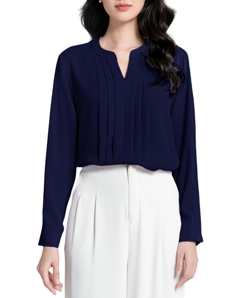SPRING SEAON Long Sleeve Chiffon Blouse with Tucked Loose Plus Sizes Suitable for and Everyday Size 2L Women's V-Neck Detail, Fit, Available, Suits,