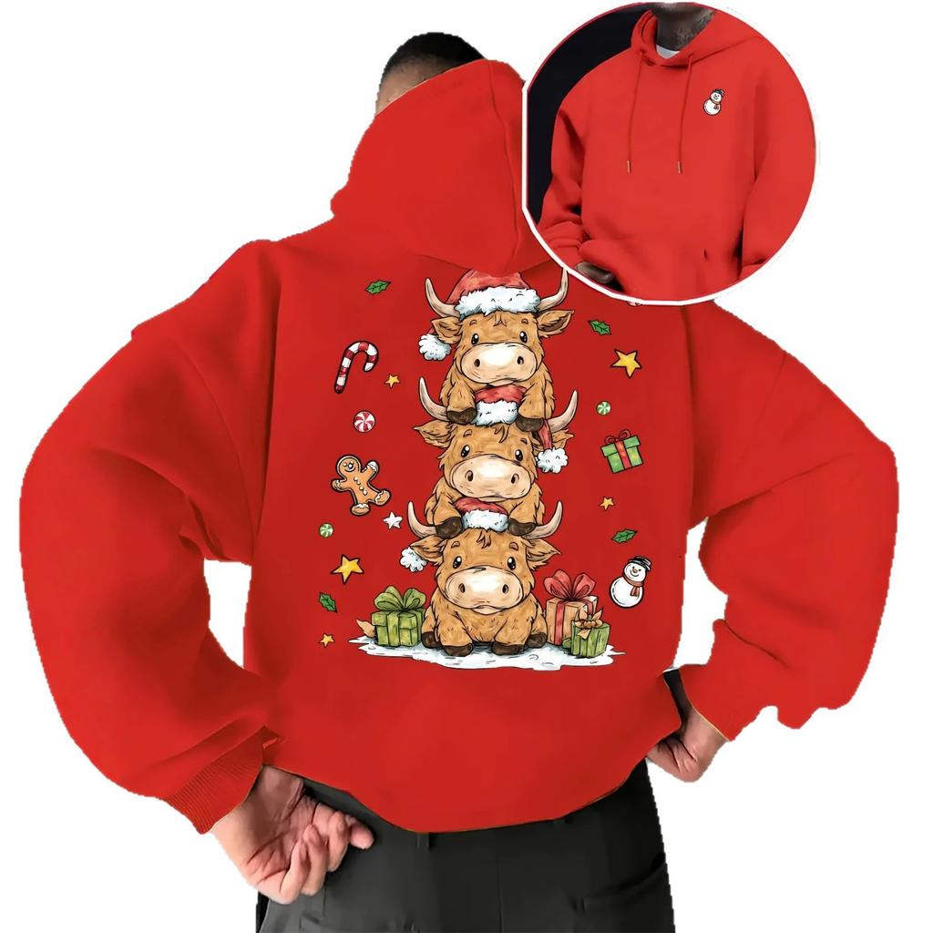 Christmas Red Hooded Sweater for Men and Women Stacked High Cow Gingerbread Man Gift Front and Rear Print Loose Jumper Hoodie