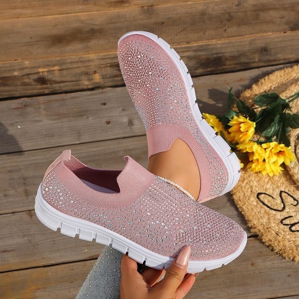 Summer New Women's Glitter Mesh Slip-On Sneakers Shiny Rhineste Breathable Lightweight Casual Walking Shoes Multiple Colors