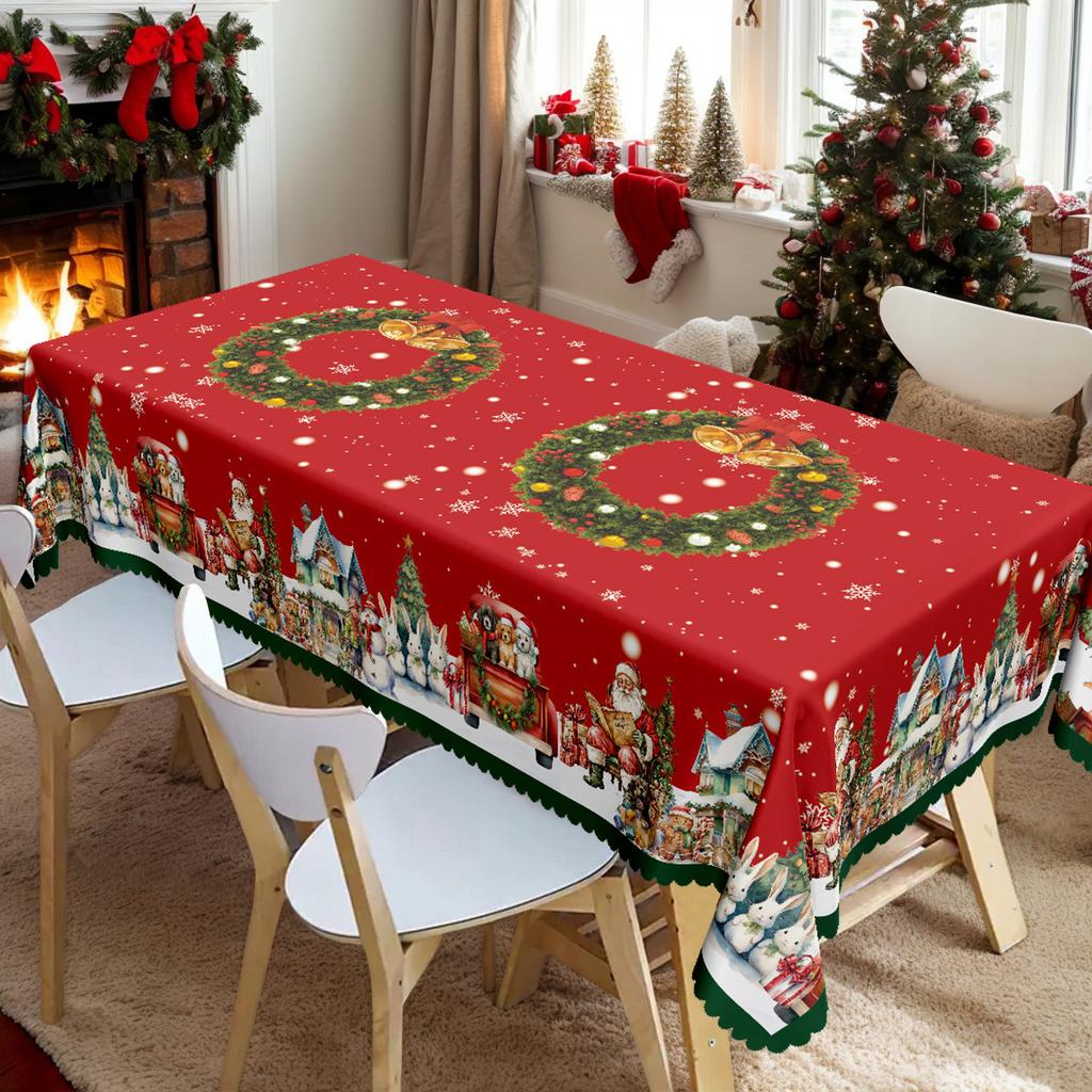 Tablecloth with Embossed Edges , Featuring a Merry Christmas Theme for Parties, Adorned with a Buffalo Check Bow, Poinsettias, Christmas Trees