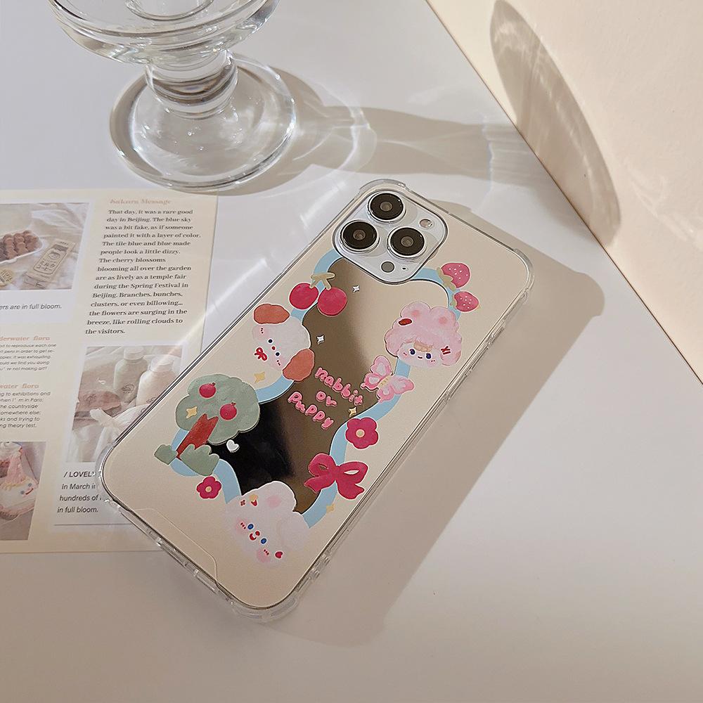 Cute Dog Ins Strawberry Rabbit Puppy Cartoon Mirror Phone Case For Iphone 14 7 8 Plus 12 Mini 13 11 Pro Max X Xr Xsmax Cover