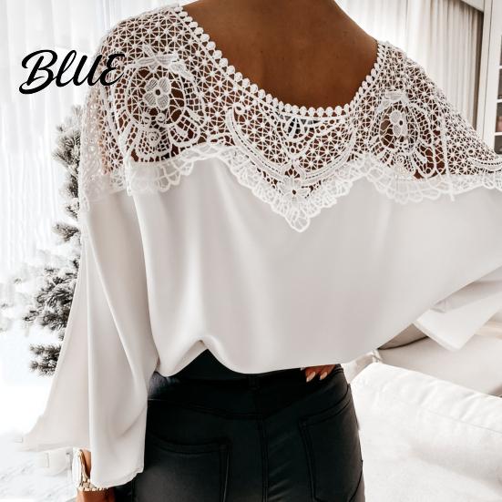 Women Shirt Lady Top Crochet Solid Color Round Neck Winter Lace Stitching Hollow Fall for Work Blouse