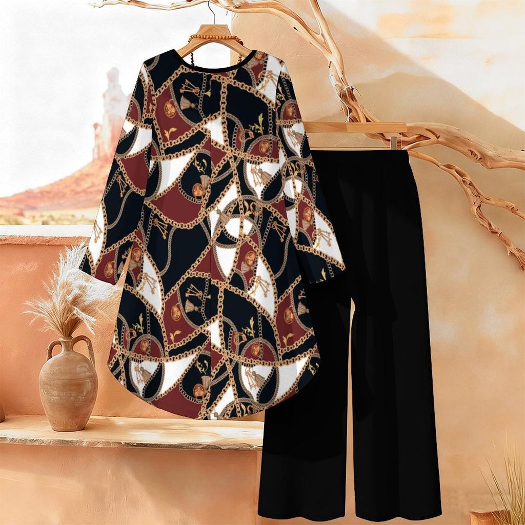 Floral Print Print Two Piece Outfit Women Long Sleeve Irregular Hem Tunic Top Wide Leg Pants Casual Matching Set