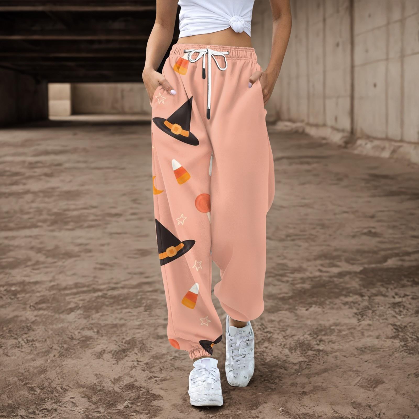 

Женские повседневные брюки с принтом на Хэллоуин, эластичные брюки с завязками на талии XXL шафрановый