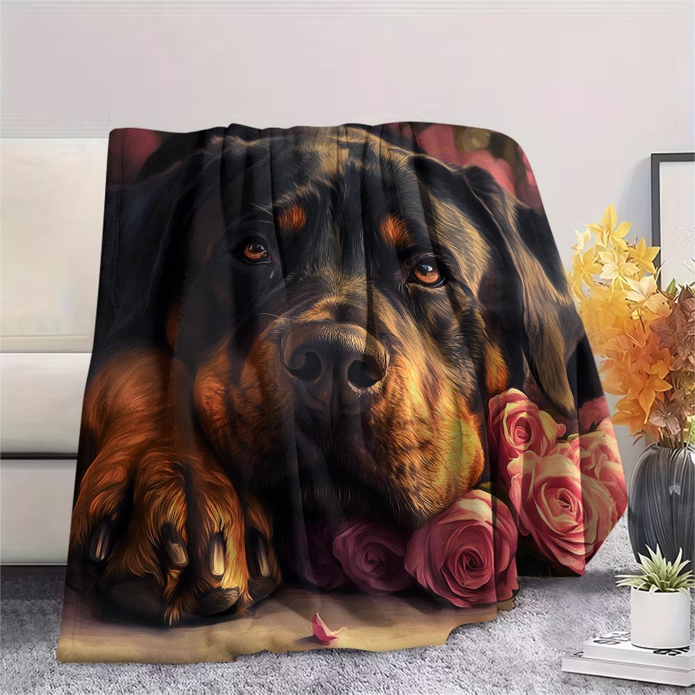 Rottweiler and Roses,pattern Flannel Blanket, High quality Comfortable for All Seasons, Home Decor, Warmth and Comfort, Perfect for Gifts.