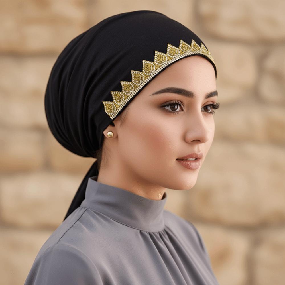 Shiny Golden Rhinestone Inner Hijabs Elasticity Tie Back Undercap Prayer Cap  Religious Headwear