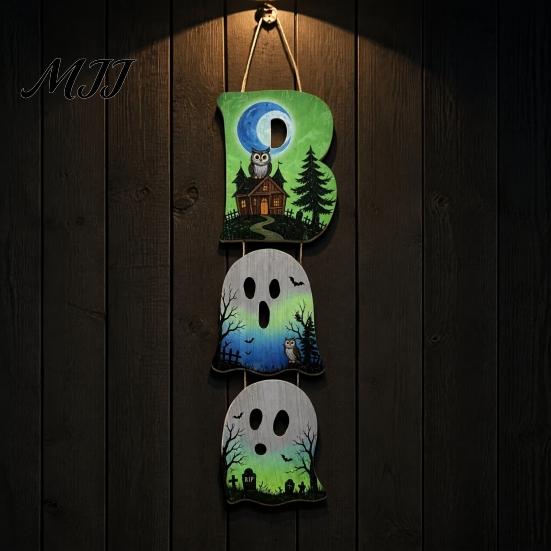 Creative Party Background Prop Halloween Wooden BOO Hanging Sign, Letter Pendants, Vintage Ghost Pumpkin Black Cat Durable Waterproof Wood Sign