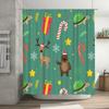 Christmas-themed shower curtain with reindeer, candy canes, and festive animals perfect for bathroom decor
