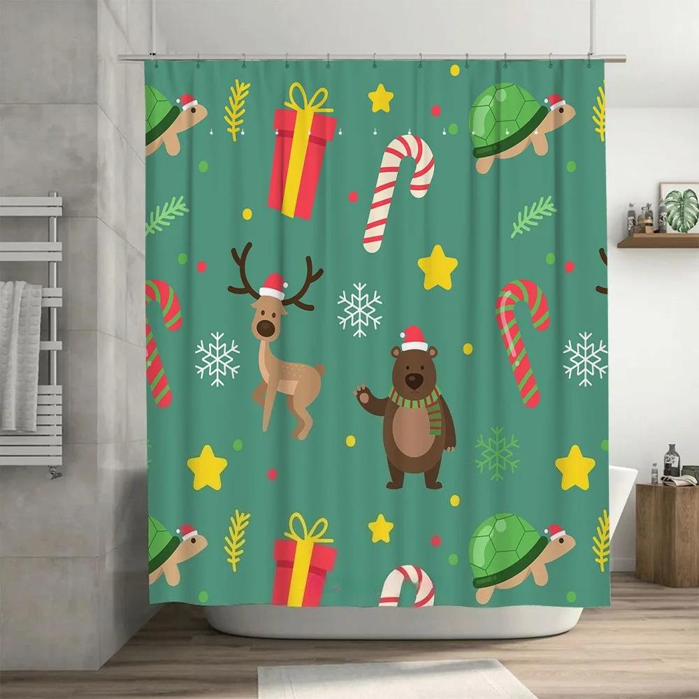 Christmas-themed shower curtain with reindeer, candy canes, and festive animals perfect for bathroom decor