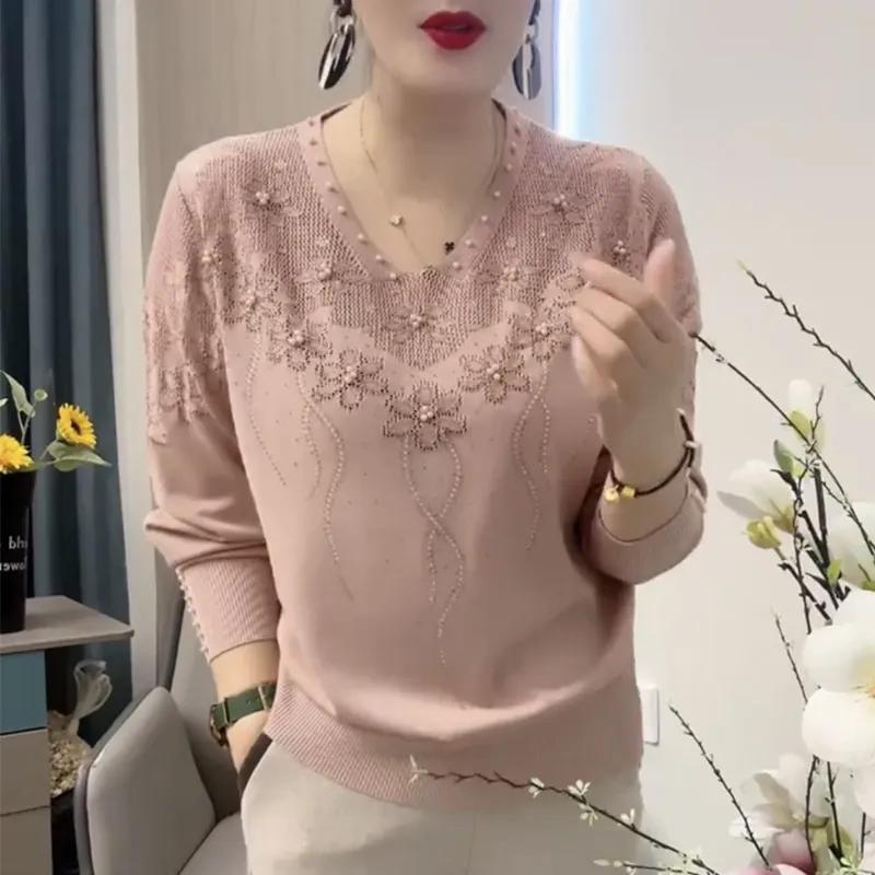 Pulover Damă Strat de Bază cu Mânecă Lungă și Gât în V pentru Primăvară/Toamnă Design Elegant Tricotat