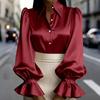 Long Sleeve Button Down Satin Blouse for Women Classic Collar Puff Sleeve Shirt with Ruffle Cuffs Office Wear Top