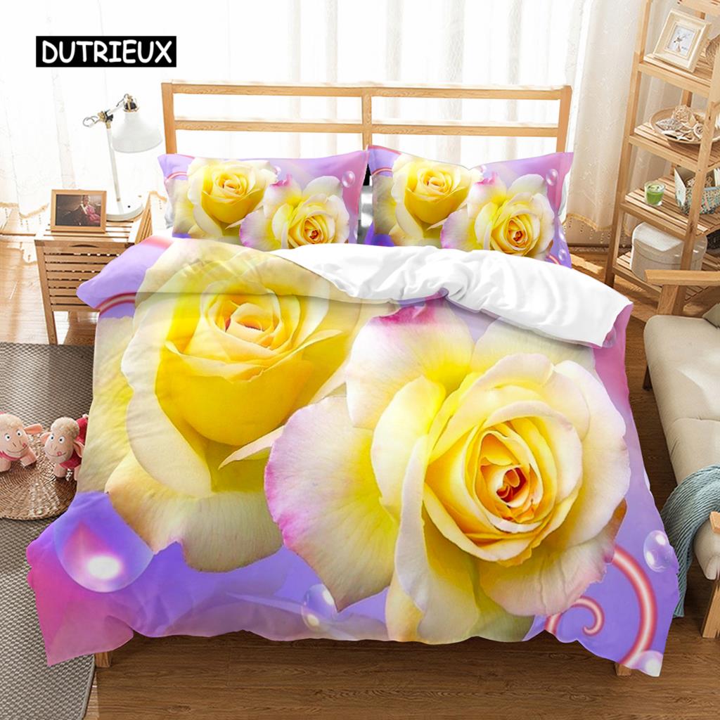 Romantische Rose Bettbezug Twin Queen Floral Bettwäsche Set Mikrofaser Blüte Blumen Steppdeckenbezug für Valentinstag Hochzeitsdeko