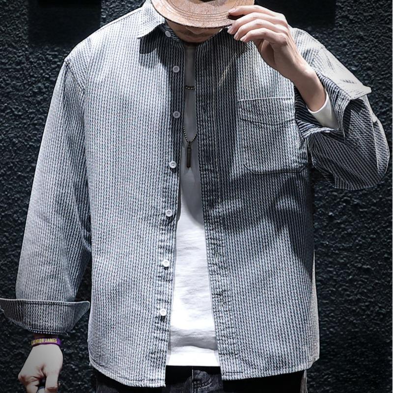 Men's Vintage Turtlenker Trendy All-Match Loose Casual Striped Long-Sleeved Denim Shirt