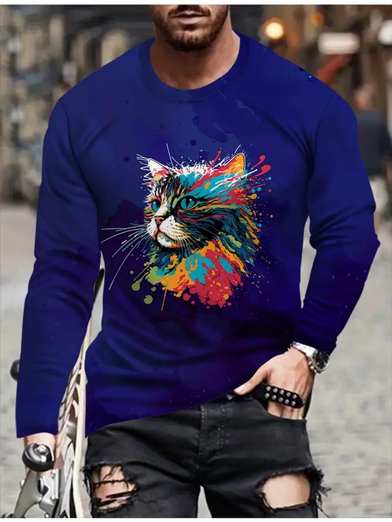 Warrior Cat Pattern Men's T-shirt Funny Animal 3D Print Long-sleeved Top All-season Base Layer Shirt Y2K Harajuku Streetwear