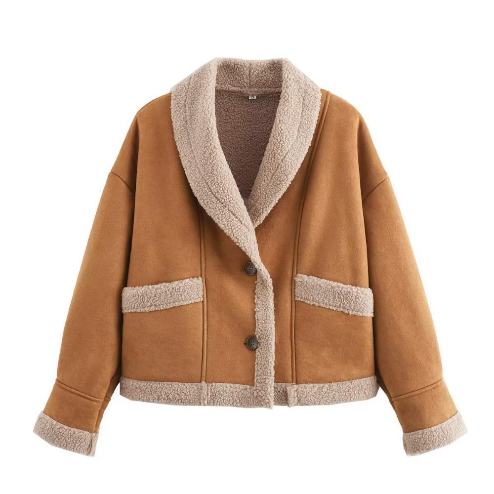 Women's Lapel Long Sleeve Loose Fit Regular Length Fleece Lined Suede Jacket Casual Outerwear