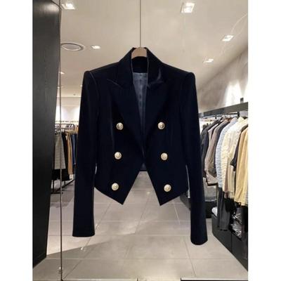 Damski Elegancki Krótki Blazer z Aksamitu Dwurzędowy Gładki Dopasowany Top
