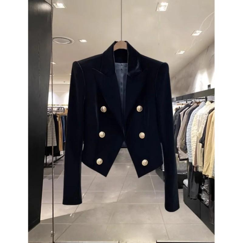 Elegantes Damen-Kurzblazer aus Samt mit doppelter Knopfleiste, schlank geschnittenes Oberteil S schwarz
