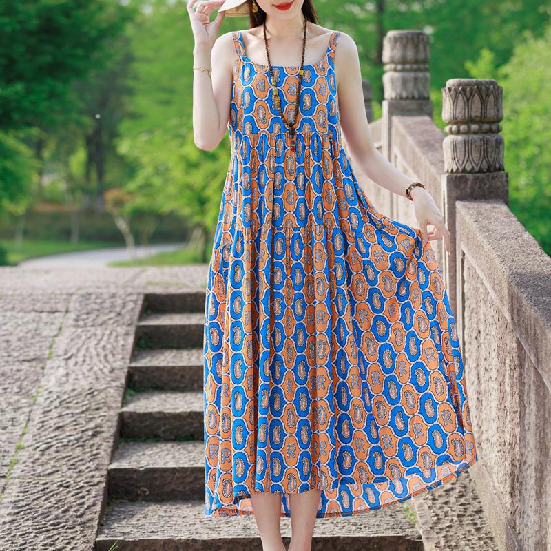 Elegant Sling Dress for Women Plus Size Casual Summer Long Dress Vintage Middle-aged Women's Clothing