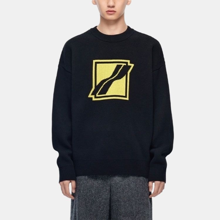 We11done Fw22 Yellow Square Logo Crew Neck Pullover Knit Sweater Unisex sweater Black WD-KT1-21-613-U-BK