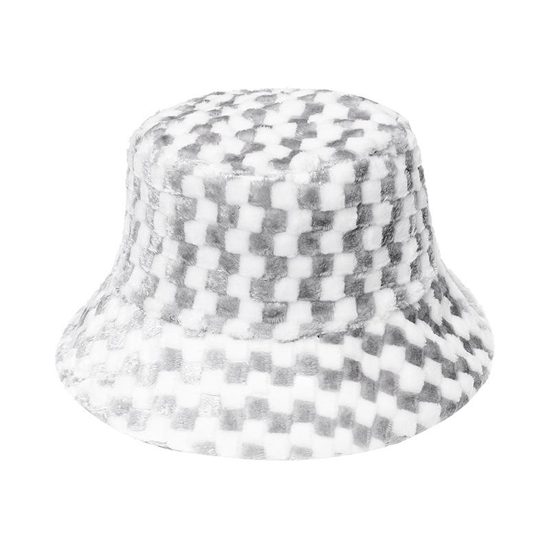 2025 European and American new casual trend mixed color plaid bucket hat plush hat thermal basin hat men and women autumn and winter