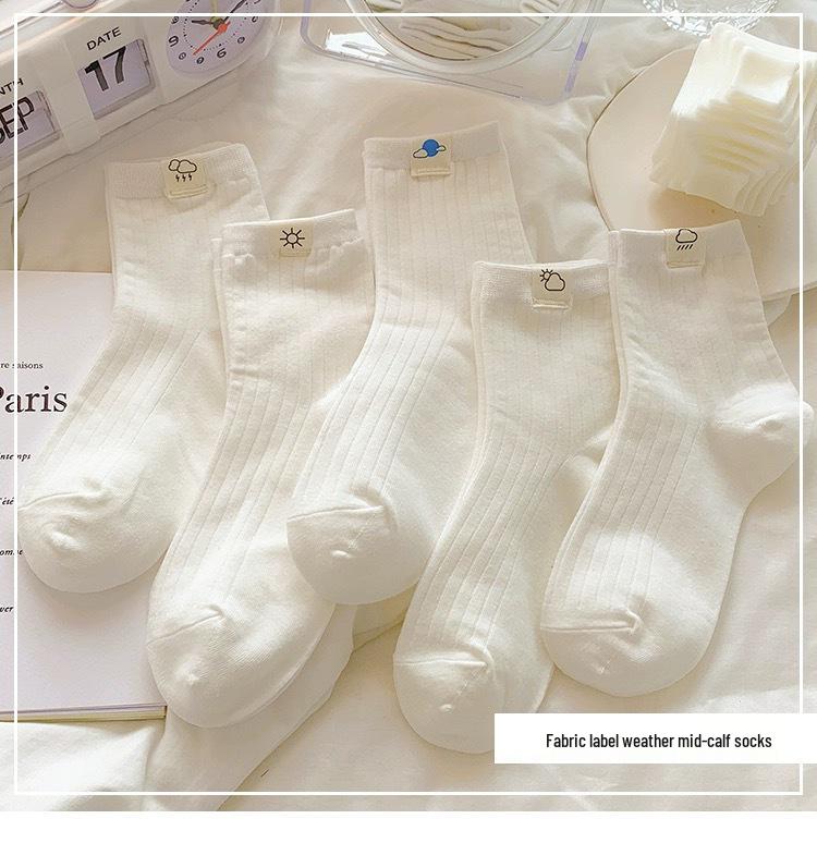 

Women s Trendy Japanese Thin Mid-Calf Cream Socks with New Cloth Label - Solid Color, Cute Design.