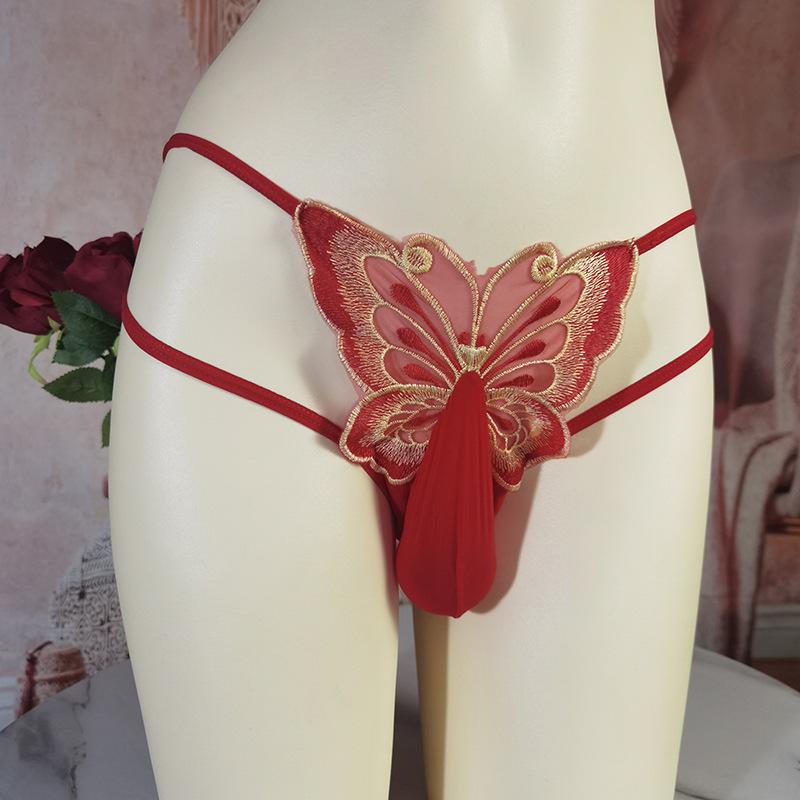 Large Size Sissy Pouch Panties Men Bullet Separation Brief Butterfly Embroidery Transparent Underwear Couple Tranparent Lingerie