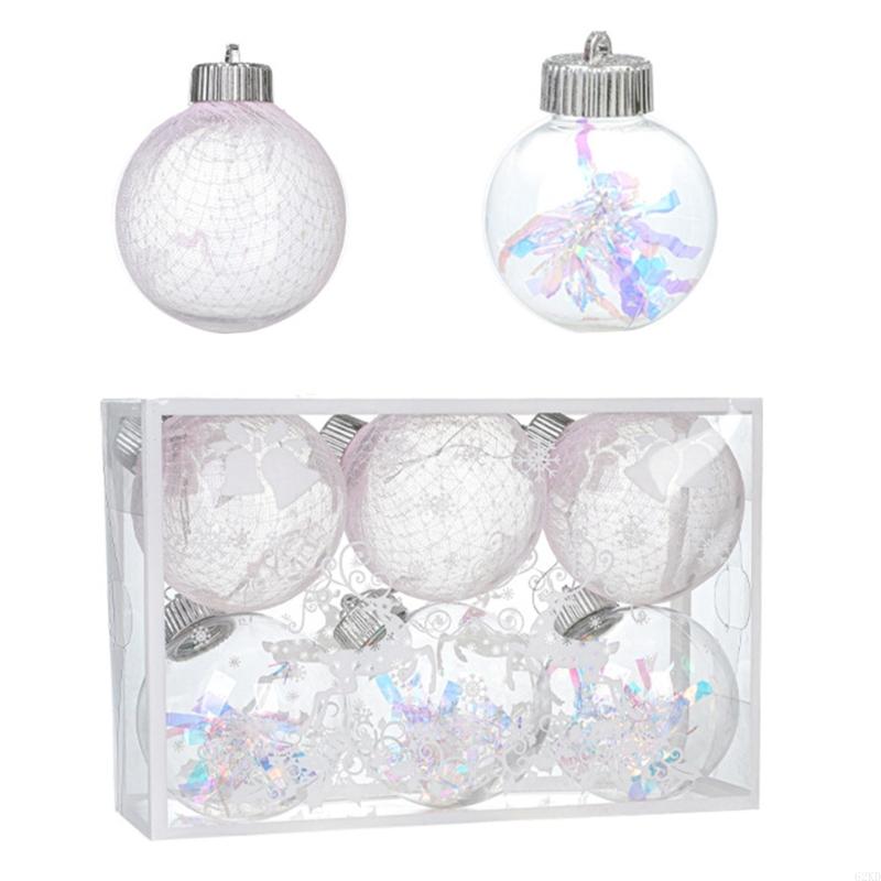 62KD 6Pcs Meshes Ribbon Christmas Balls Christmas Hanging Round Balls Pendants for Holidays Home Adornment