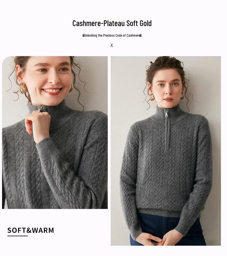 Women's Thickened Cashmere Stand Collar Sweater - Loose Fit, Zipper Lapel, Autumn/Winter 2024