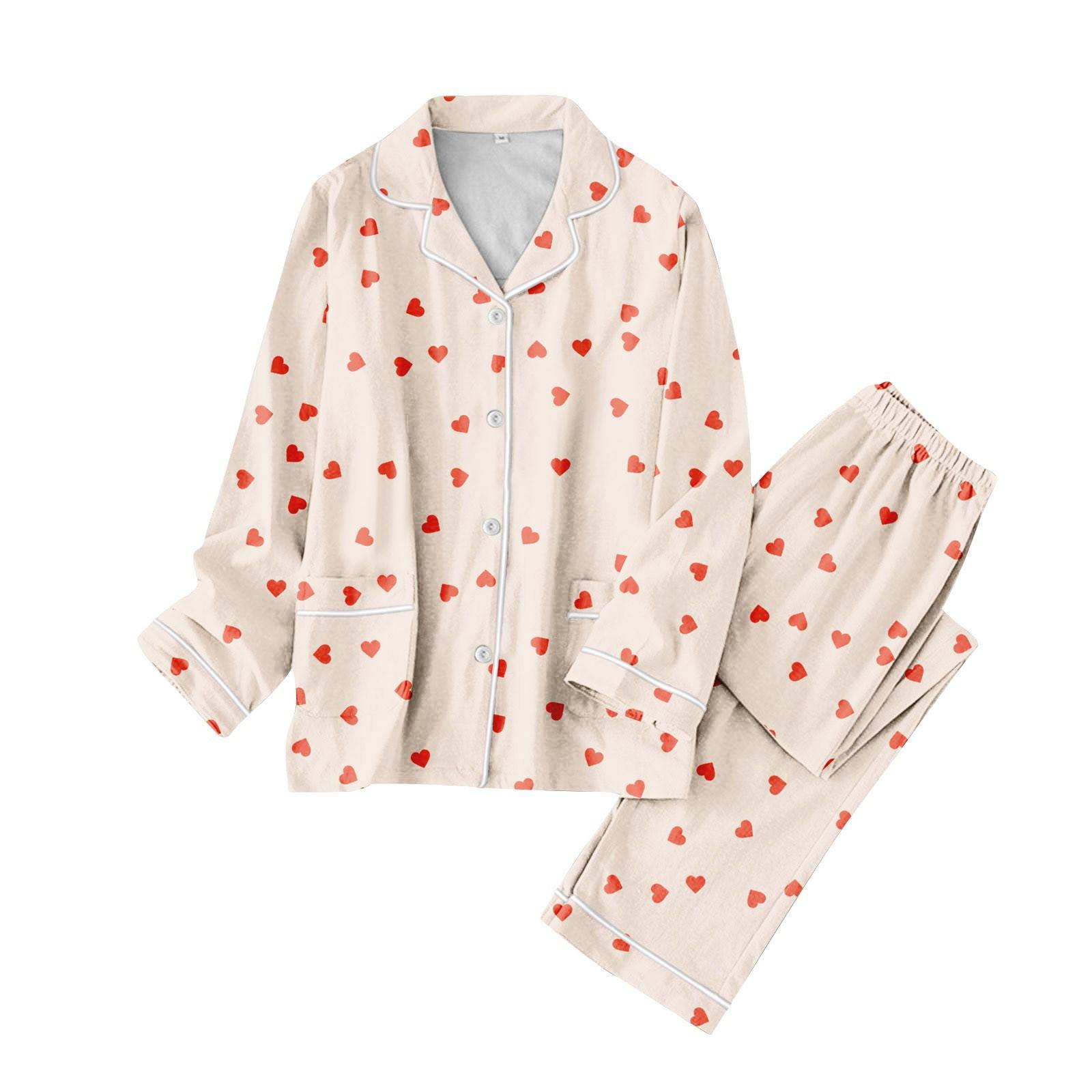 

Пижамный комплект с лацканами для женщин с рисунком в виде сердца персикового цвета, повседневный комплект из хлопка с длинными рукавами и брюками, мягкая ночная одежда, домашняя одежда M бежевый