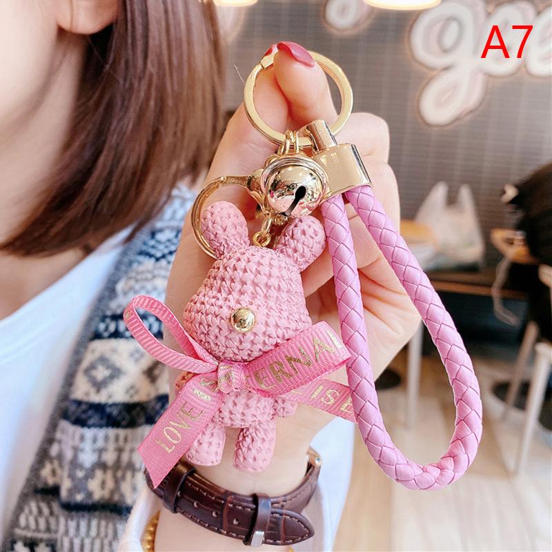 Cute Resin Woolen Little Bear Bow Rabbit Keychain Holiday Car Key Ring For Girls Creative Gift Weaving  Doll Bag Pendant