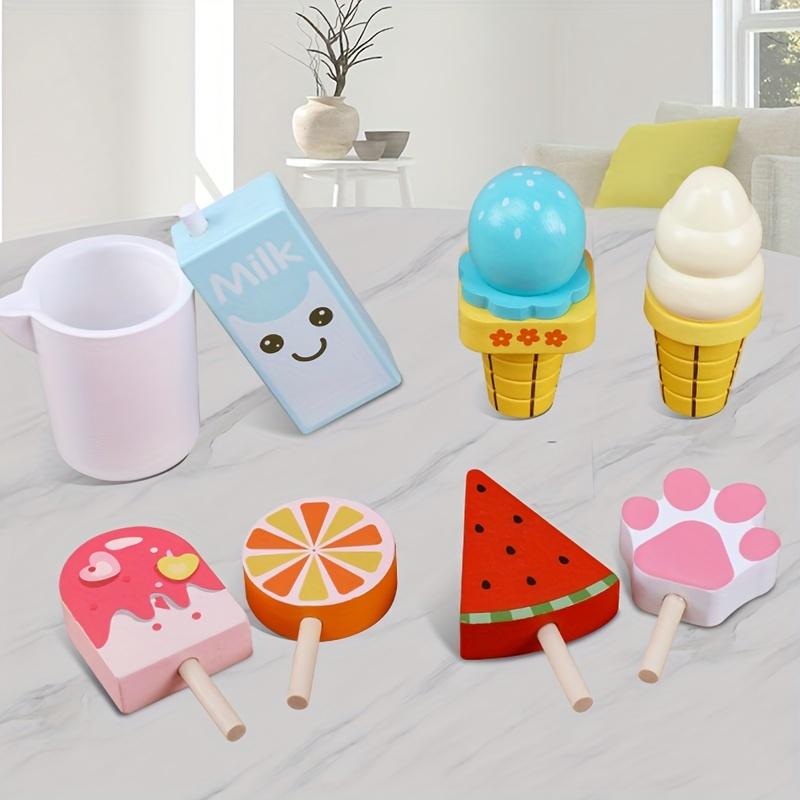 Wooden Ice Cream Playset Colorful Pretend Play Food for Youngsters, Includes Ice Cream Cones, Popsicles, and Milk Carton, Ice Cream Party Decorations