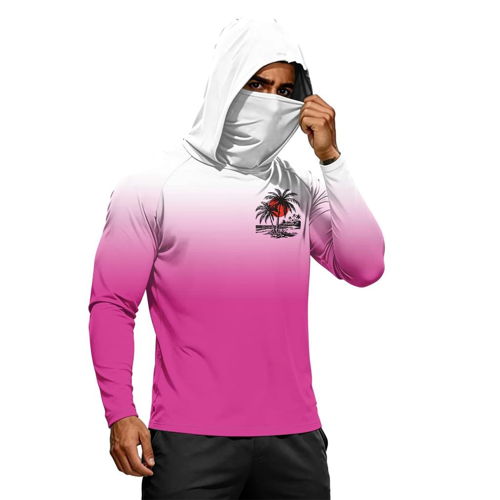 Men’s Long Sleeve Hooded Sun T Shirt with Tree Print Lightweight 50 Plus Quick Dry Athletic Top for Outdoor Sports