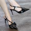 Spring New Stiletto Pointed Toe Bow High Heels Women's Bright Leather Temperament Back Empty Stiletto Sandals