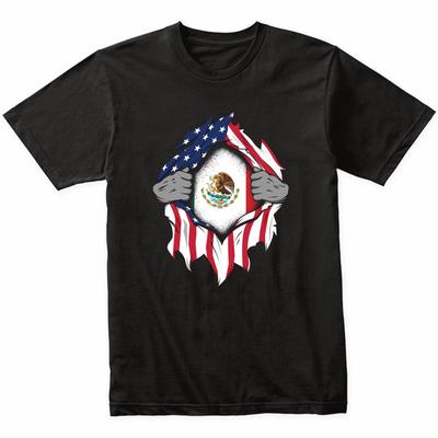 Mexican American Flags Hands Ripping Flag On Chest T-Shirt - Mexico Flag Shirt