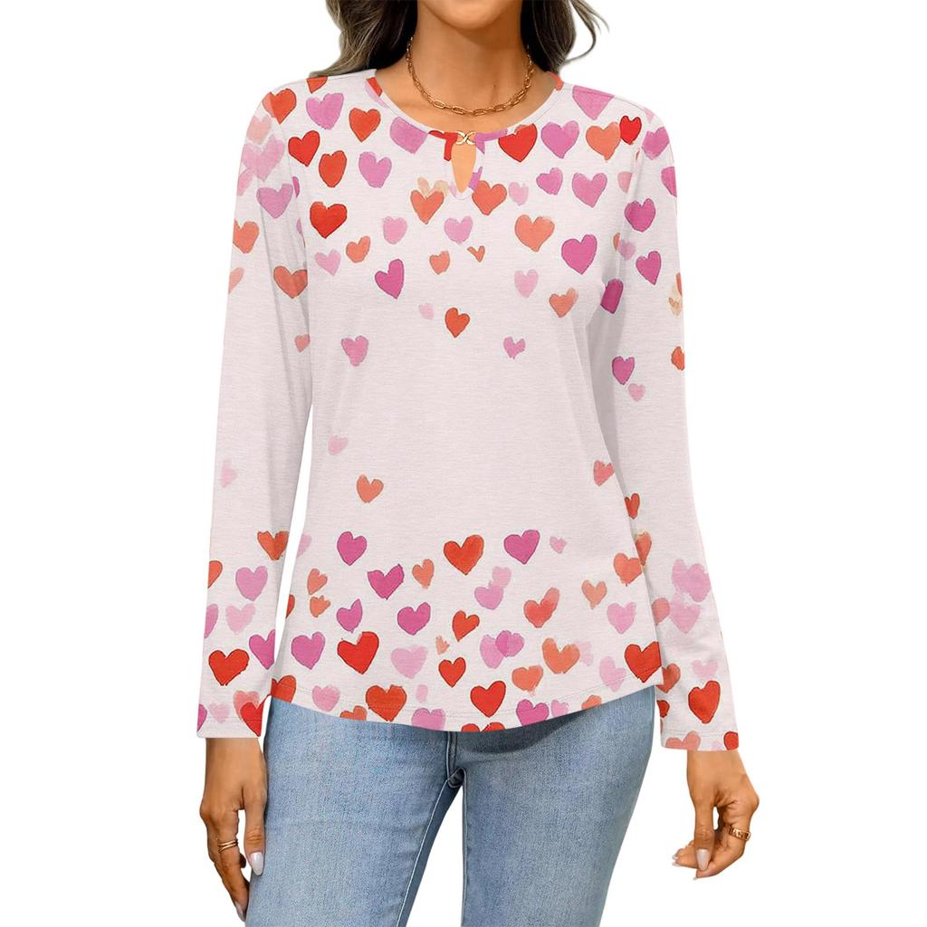 Women's Casual Round Neck Hollow,out Pullover Long Sleeve Valentine's Day Heart Print T,shirt Top
