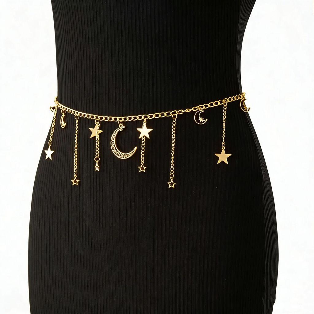 Cintura a Catena con Frange Luna e Stelle Retro per Donna - Ornamento Metallico Massiccio