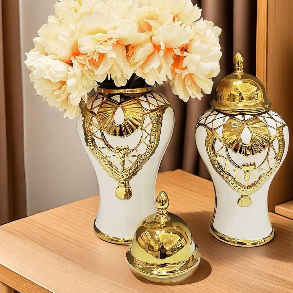 Ceramic Ginger Jar Vase Porcelain Canister Container Ornament with Lid for Centerpiece Display