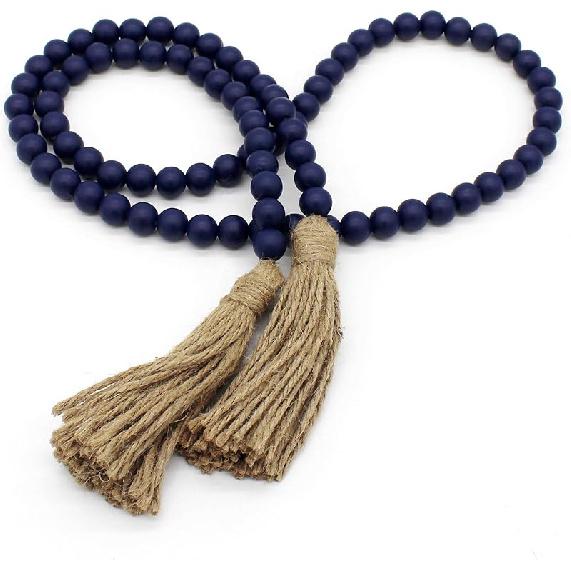 CVHOMEDECO. Wood Beads Garland with Tassels Farmhouse Rustic Wooden Prayer Bead String Wall Hanging Accent for Home Festival Decor. Mix Distressed