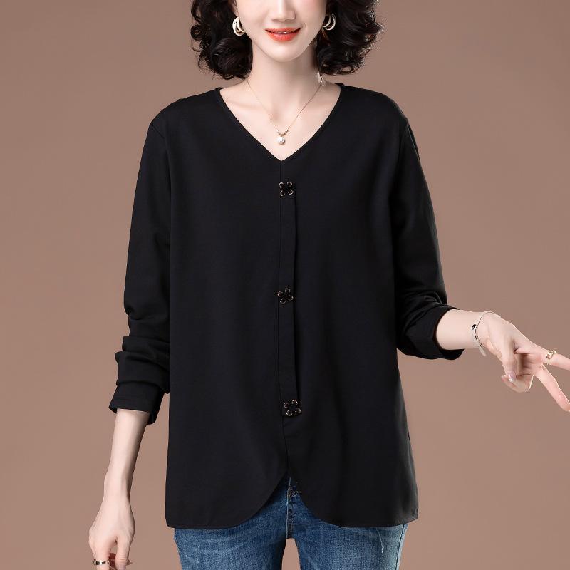 Women’s Plus Size V-Neck Long Sleeve Shirt – Loose Fit for Spring & Autumn, Slimming Design for Middle-Aged & Elderly 