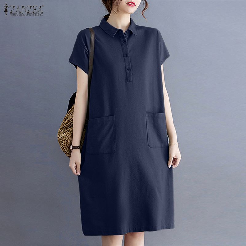 ZANZEA Women Casual Turn Down Collar Solid Color Short Sleeve Shirt Dress