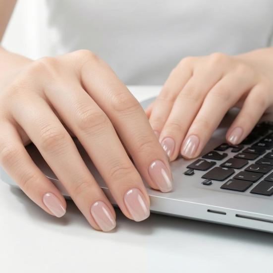 24 stk. Nude Press-on Negle til Kvinder, Korte Ovale Naturlige Klæbe-på Falske Negle, Glinsende Fuld Dækning Lim-på Falske Negle, DIY Manicure Forsyninger