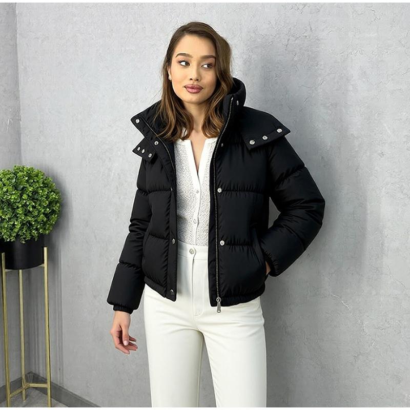 

Women s Autumn and Winter Warm Jacket Hooded Cotton Jacket Casual Solid Color Jacket Fashion Short Zipper Cotton Jacket XL чорний