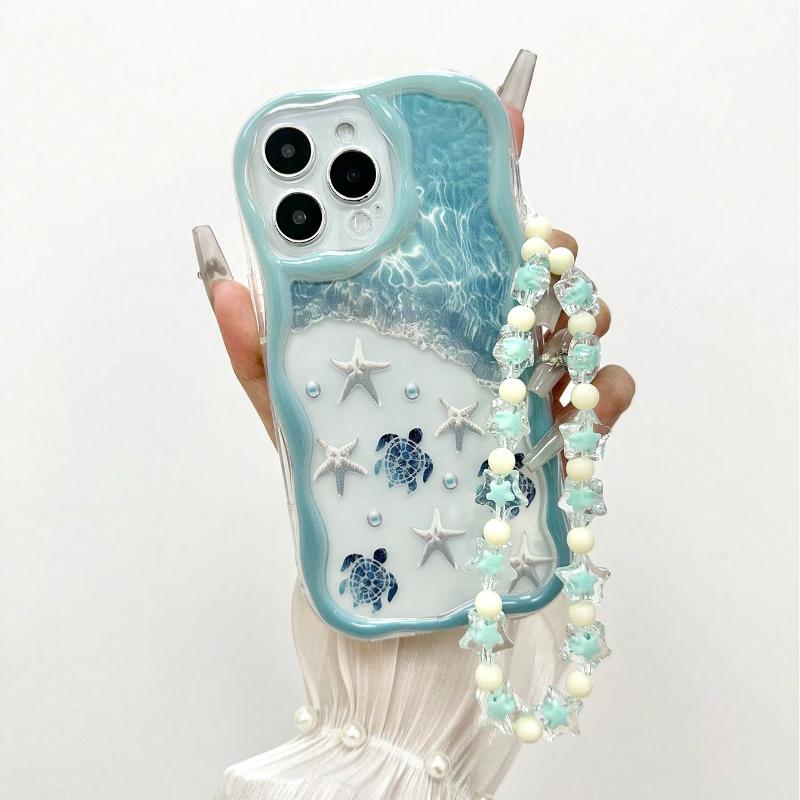 Summer Turtle Marine Elements Wavy-edge Phone Case For iPhone 17 16 15 14 13 12 11 Pro Max Plus 17E Clear Bead String Soft Cover