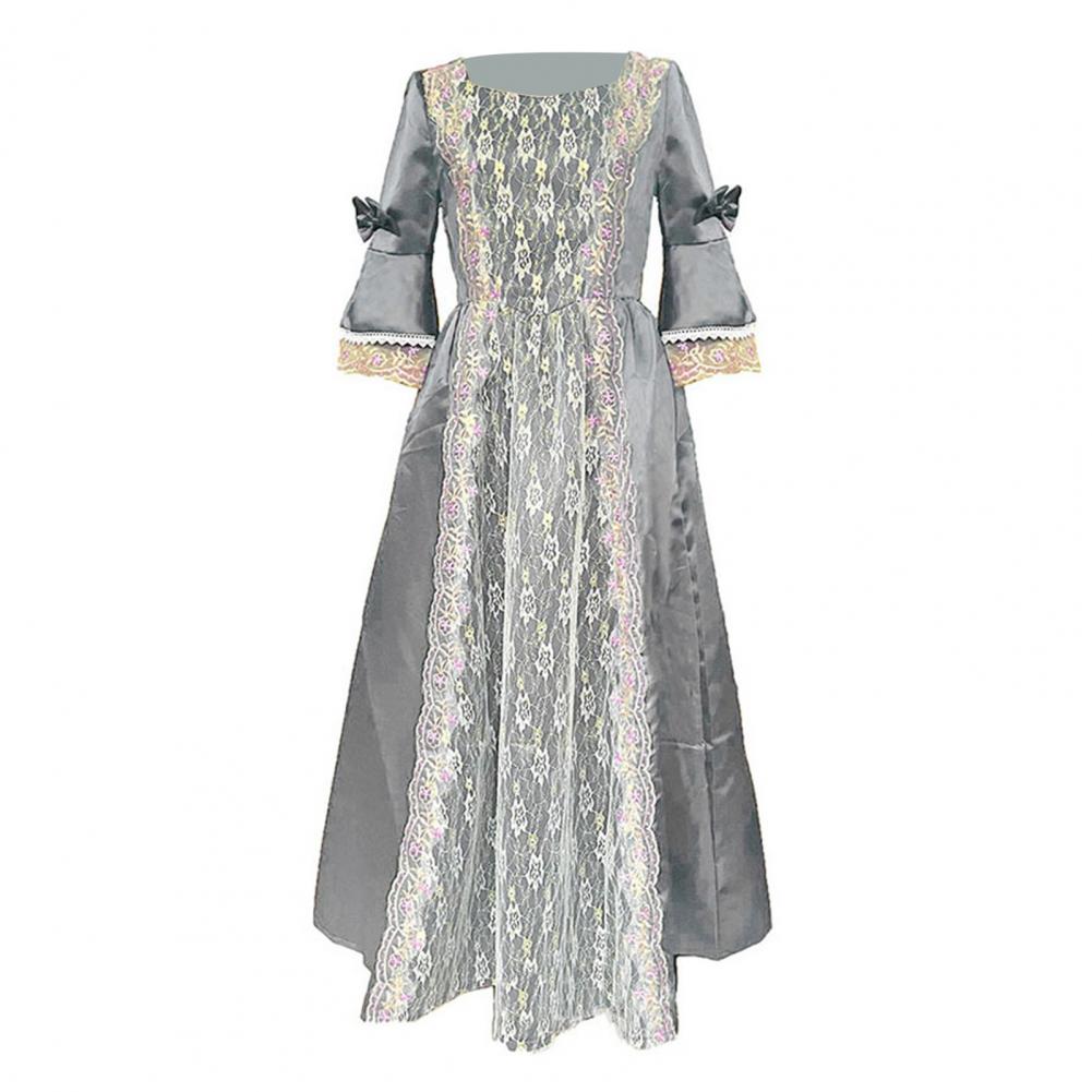 Women Performance Dress Stage Show Retro Royal Style Lace Bow Decor Bell Sleeve Patchwork A-line Hallowen Party Carnival Evening