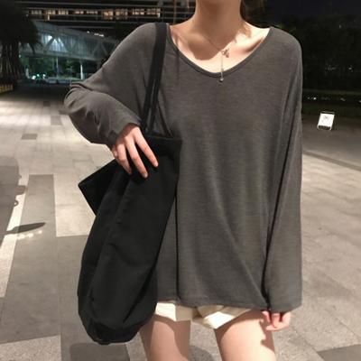 V-neck Long Sleeved Loose Top T-shirt for Women