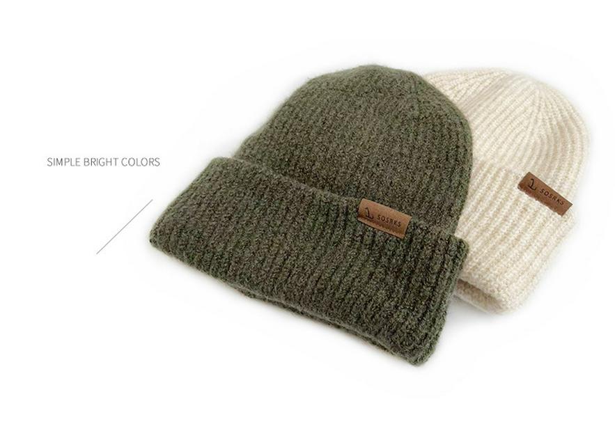Korean Style Thick Knit Wool Hat for Men & Women - Windproof, Warm, Double Layered, Large Head, Autumn/Winter, Solid Color.