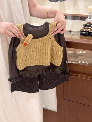 2025 Autumn Korean Girls' Fashion: Knitted Vest, Base Shirt & Pants Three-Piece Set