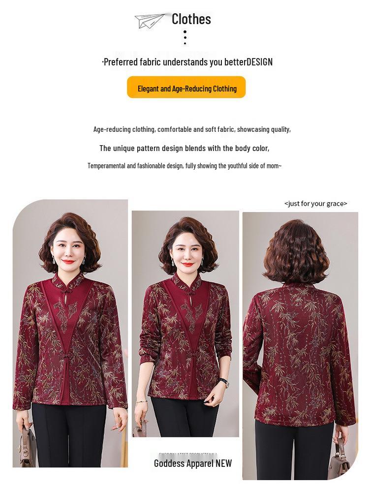 Spring Outfit: New Chinese Style Long Sleeve T-Shirt for Middle-Aged and Elderly Women, Plus Size Available